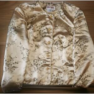 Maggy London Gold Embroidered Floral Asian Light Jacket Size 8 Rayon Vintage